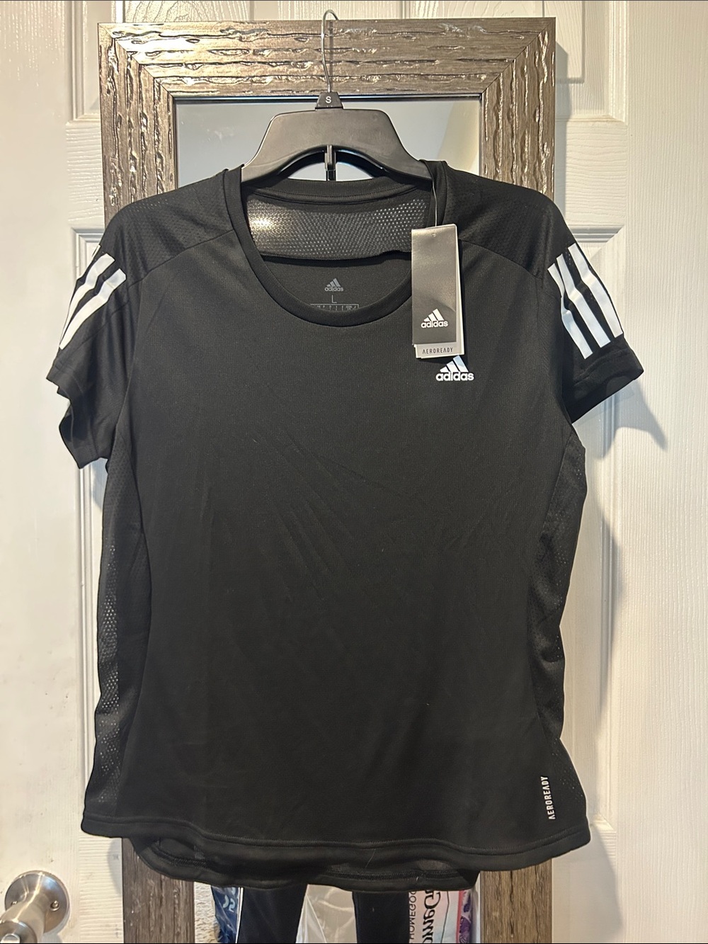 adidas Black Tee with White Sleeve Stripes